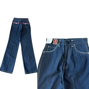 Vintage 1970s Slim Cut Jeans Union Jack Patch Dark Wash Denim / Waist 24” -